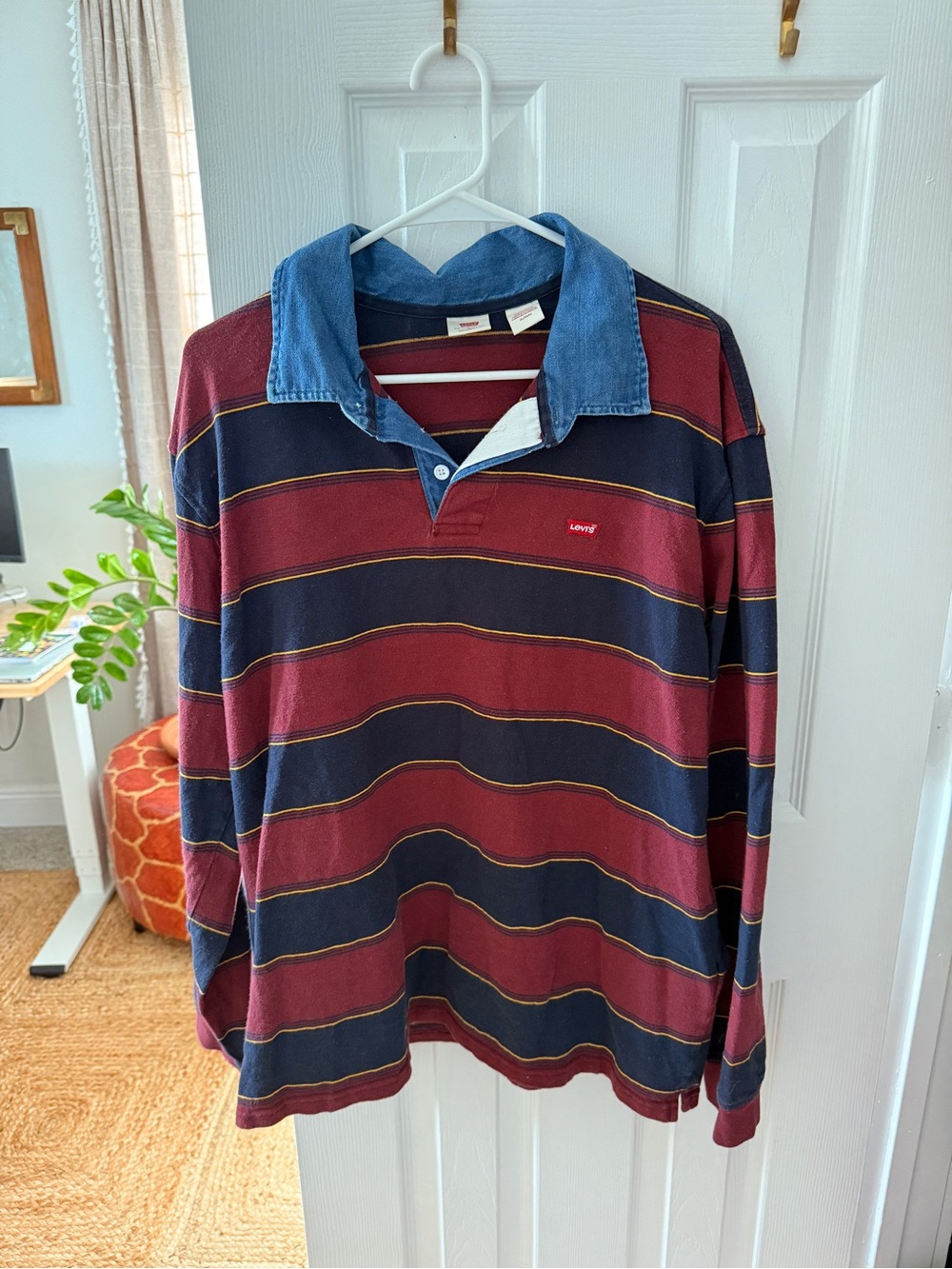 Levi's Burgundy and Navy Striped Rugby Shirt with Denim Collar